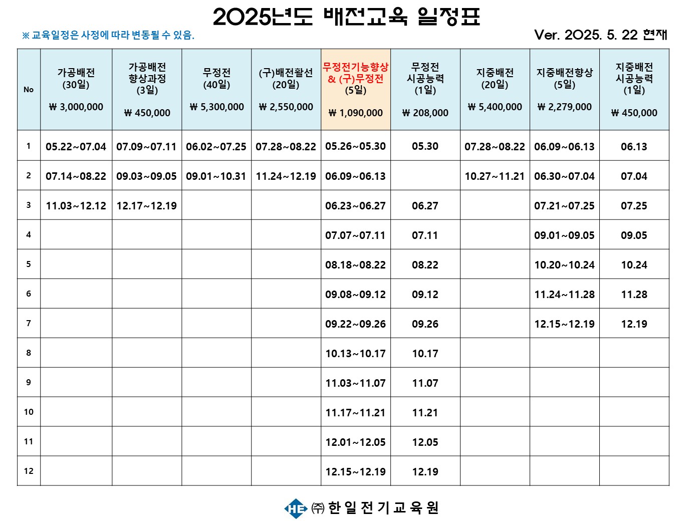 2025년 배전교육 일정표