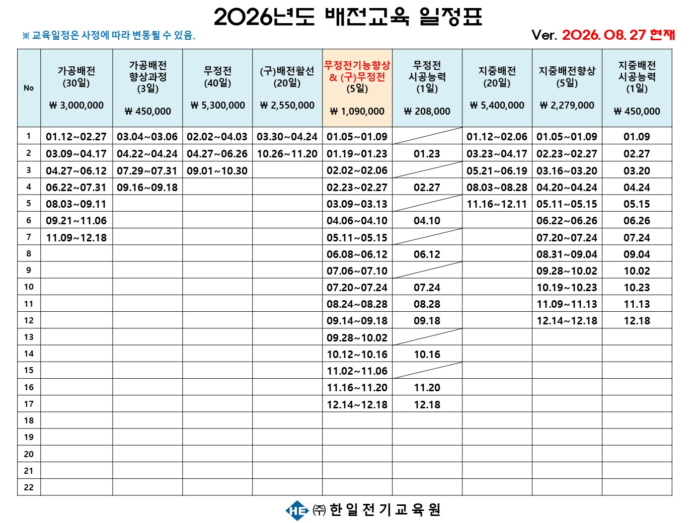 2026 배전교육 일정표